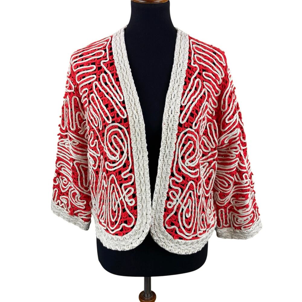 Art To Wear Jacket Size XL Red White Abstract Boho Artsy Textural